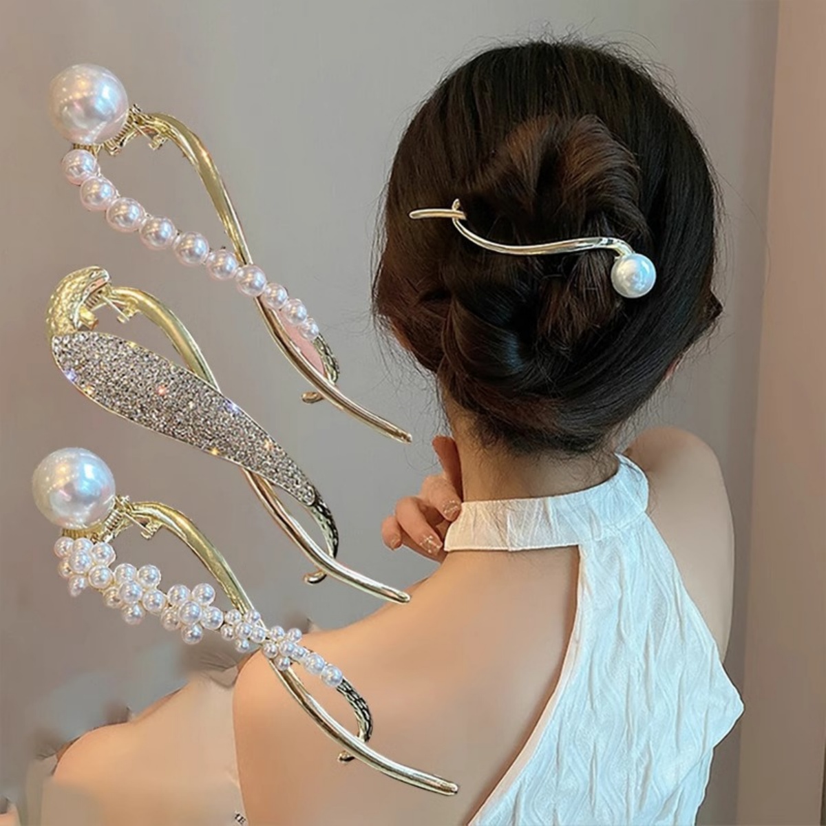 Lifestyle Of Korean - エレガントなグリッターパールヘアクリップ レディース トレンドツイストヘアクリップ ガールズファッション デイリーライフヘアアクセサリー ジュエリーヘアピン