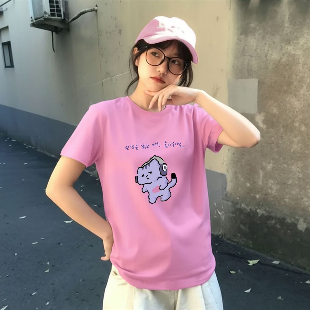 Lifestyle In Korean - 人生は私を守ってくれないかわいいテキストプリント Tシャツ紫エモ猫グラフィック Tシャツ女性夏半袖韓国スタイル美的トップス