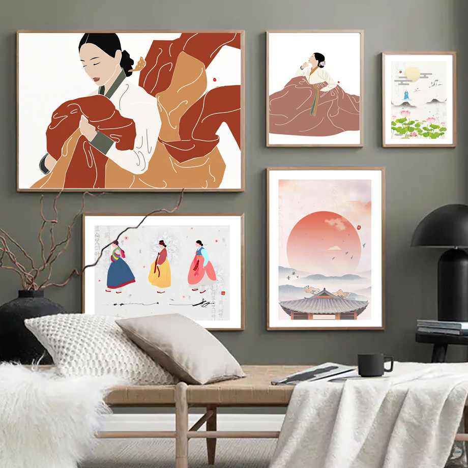 Modern Korean Lifestyle - 韓国スタイル自由奔放に生きる韓服少女アジアの壁アート美学プリントキャンバス絵画ポスターリビングルームのための現代家の装飾