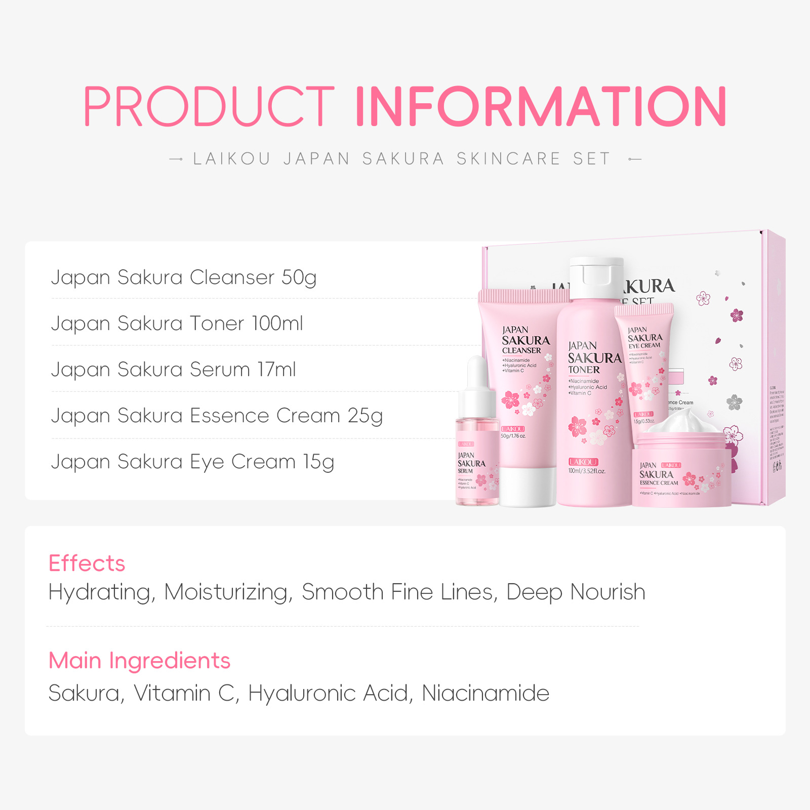LAIKOU 桜 5点スキンケアキット 洗顔料 化粧水 美容 - Essence Serum Toner のレビューと価格
