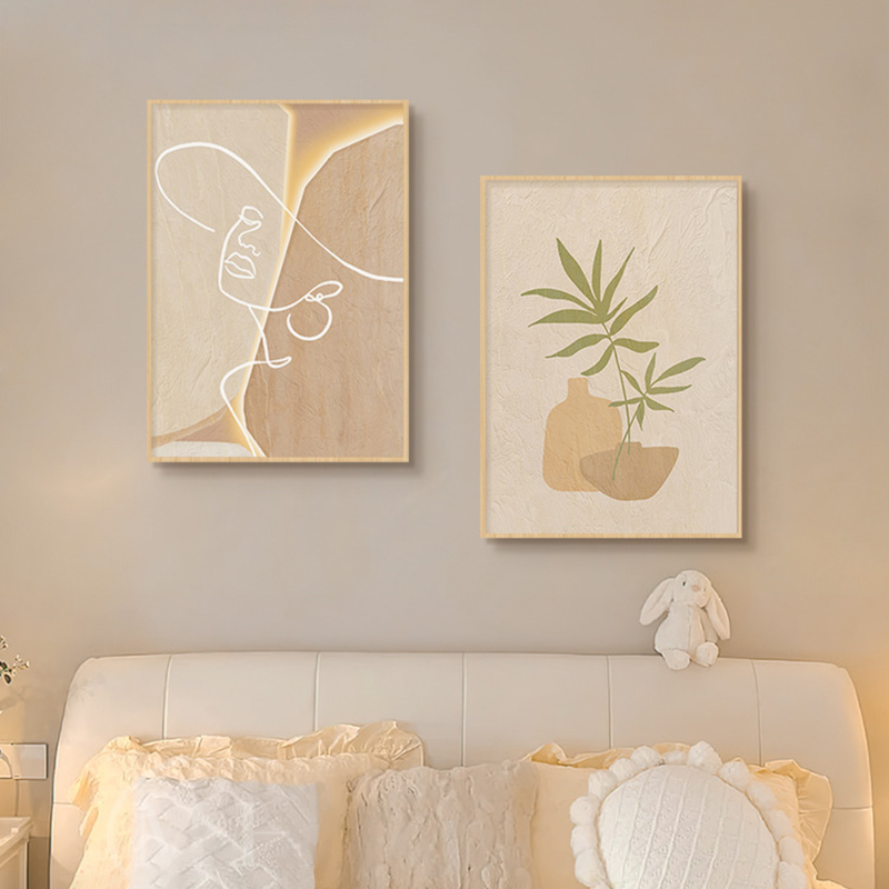 木製クリームスタイル抽象ラインアートキャンバス絵画植物ミニマ - Korean Lifestyle Aesthetic のレビューと価格