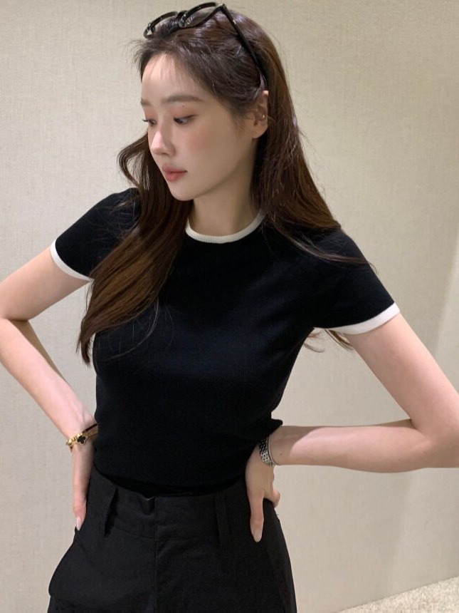 シックな夏の新作、薄手のカラーブロック半袖ニットセーター、韓 - Lifestyle In Korean のレビューと価格